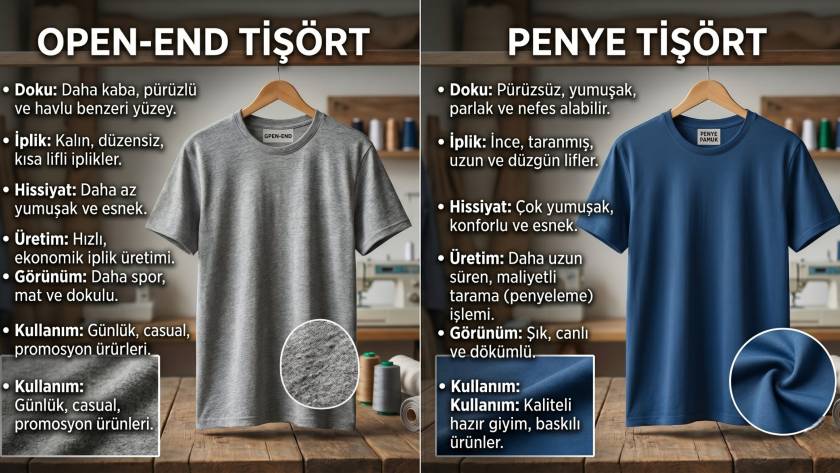 %100 pamuk penye kumaş ile open-end kumaş arasındaki kalite ve doku farkını gösteren toptan tişört üretimi detay görseli.