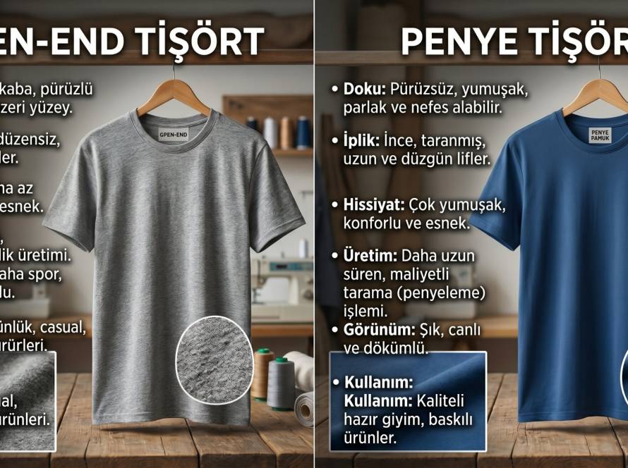 %100 pamuk penye kumaş ile open-end kumaş arasındaki kalite ve doku farkını gösteren toptan tişört üretimi detay görseli.