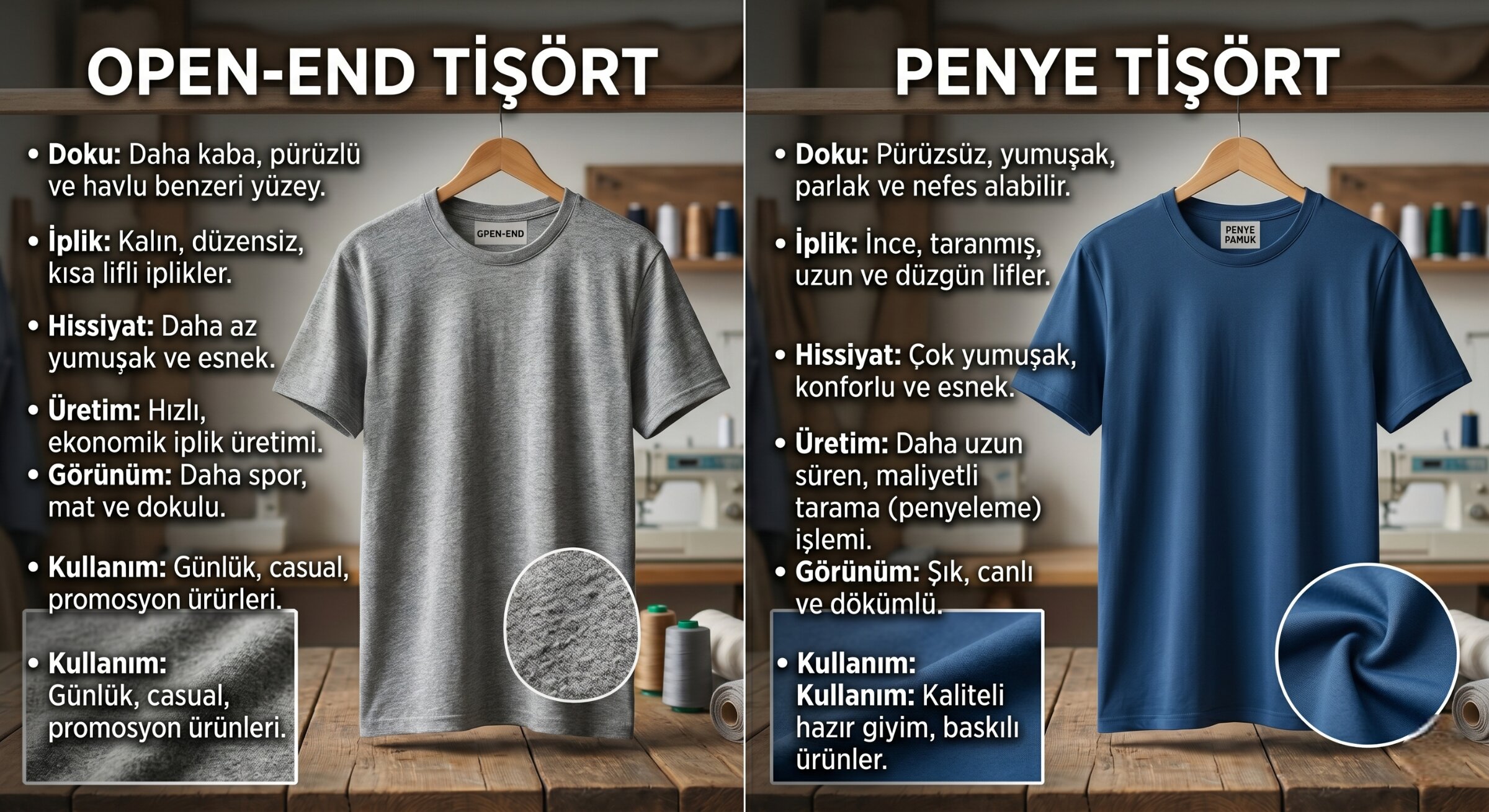 %100 pamuk penye kumaş ile open-end kumaş arasındaki kalite ve doku farkını gösteren toptan tişört üretimi detay görseli.